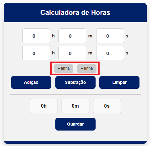 Interface 2 da Calculadora de Horas online mostrando campos de horas, minutos e segundos