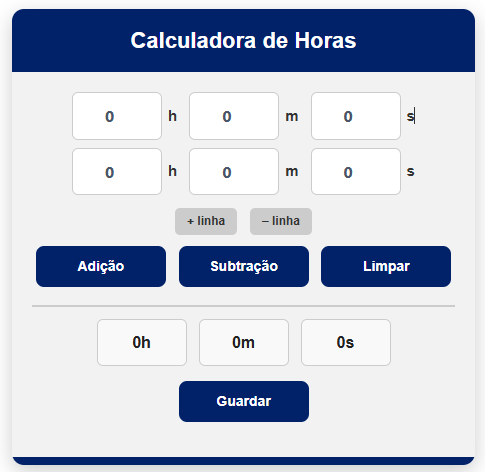 Interface 1 da Calculadora de Horas online mostrando campos de horas, minutos e segundos