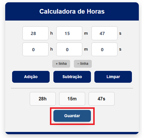 Interface 5 da Calculadora de Horas online mostrando campos de horas, minutos e segundos