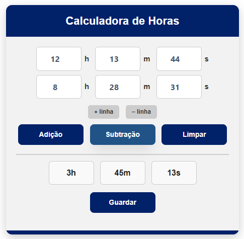 Interface 4 da Calculadora de Horas online mostrando campos de horas, minutos e segundos