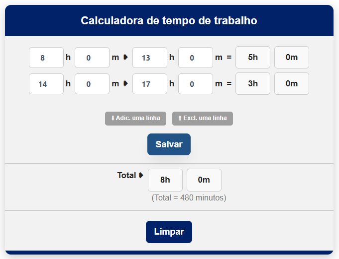 Screenshot 1 da Calculadora de Horas Trabalhadas mostrando como somar e subtrair horas, minutos e segundos de forma precisa e online