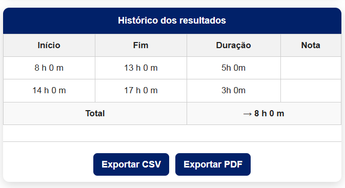Screenshot 3 da Calculadora de Horas Trabalhadas mostrando como somar e subtrair horas, minutos e segundos de forma precisa e online