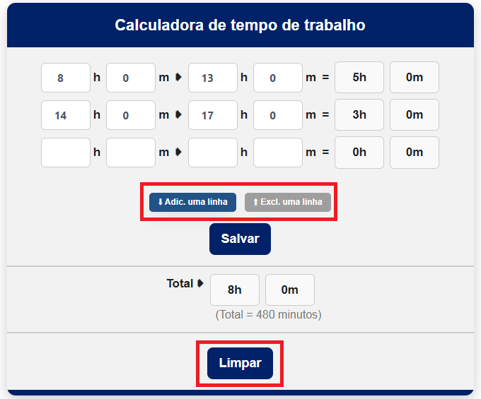 Screenshot 2 da Calculadora de Horas Trabalhadas mostrando como somar e subtrair horas, minutos e segundos de forma precisa e online